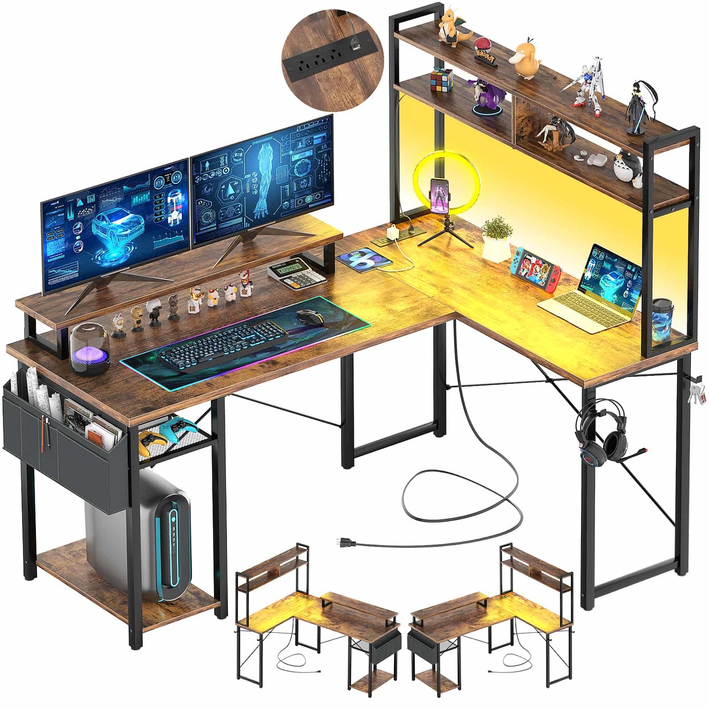 L Shaped Computer Desk with Power Outlets & LED Lights