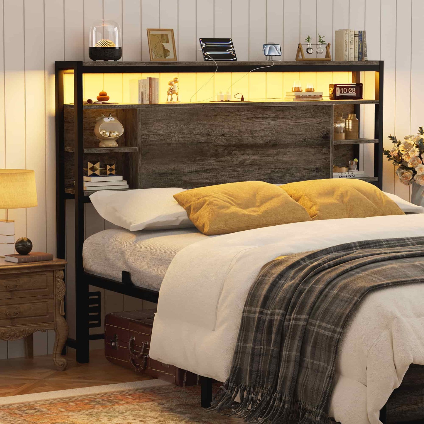 Full Headboard with Storage, Headboards with Power Outlets and Smart LED Light, Sturdy Head Board for Full Size Bed