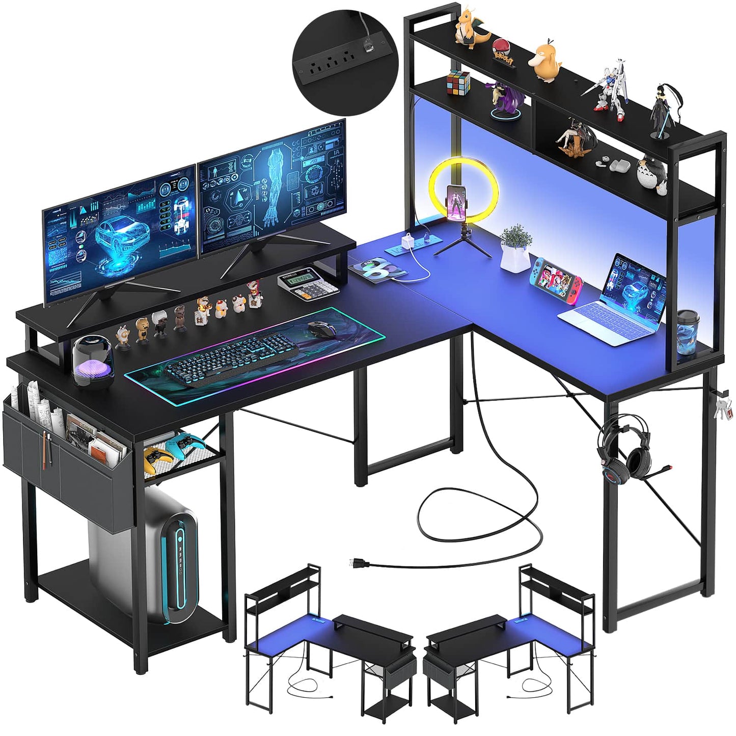 L Shaped Computer Desk with Power Outlets & LED Lights