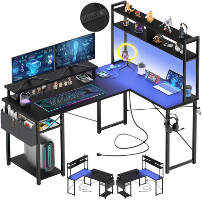 L Shaped Computer Desk with Power Outlets & LED Lights
