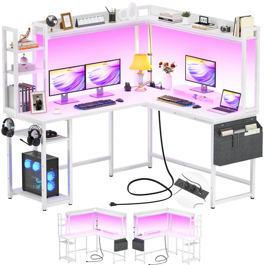 L Shaped Desk with Power Outlet and LED lights