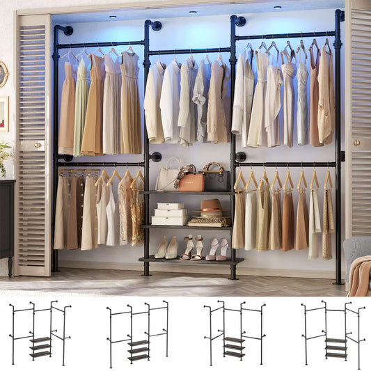 84"-128" Adjustable Metal Pipe Clothing Rack Wall-Mounted,Industrial Garment Rack with 3-Tier Wooden Shelves,Heavy-Duty 1000LBS Capacity