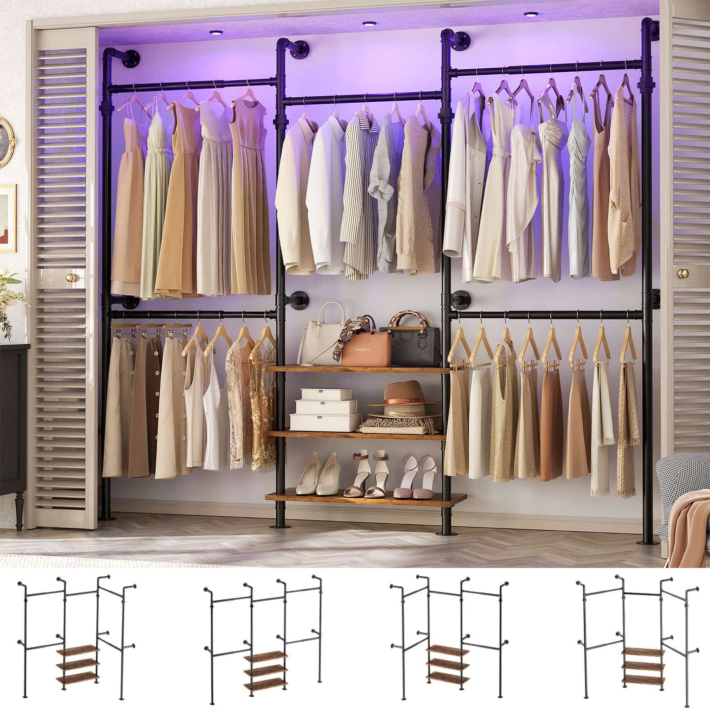 84"-128" Adjustable Metal Pipe Clothing Rack Wall-Mounted,Industrial Garment Rack with 3-Tier Wooden Shelves,Heavy-Duty 1000LBS Capacity