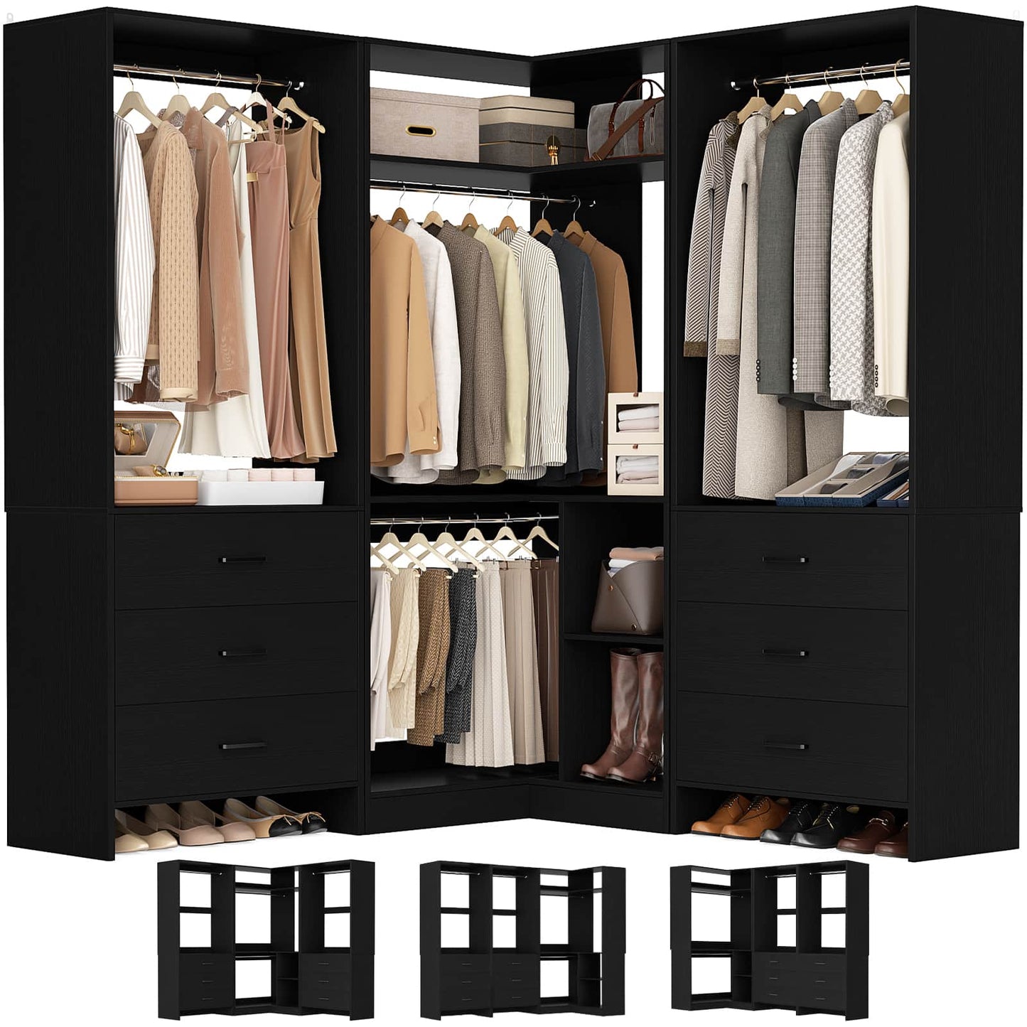 81'' Closet System with 6 Drawers, 4 Hanging Rods & Corner Tower