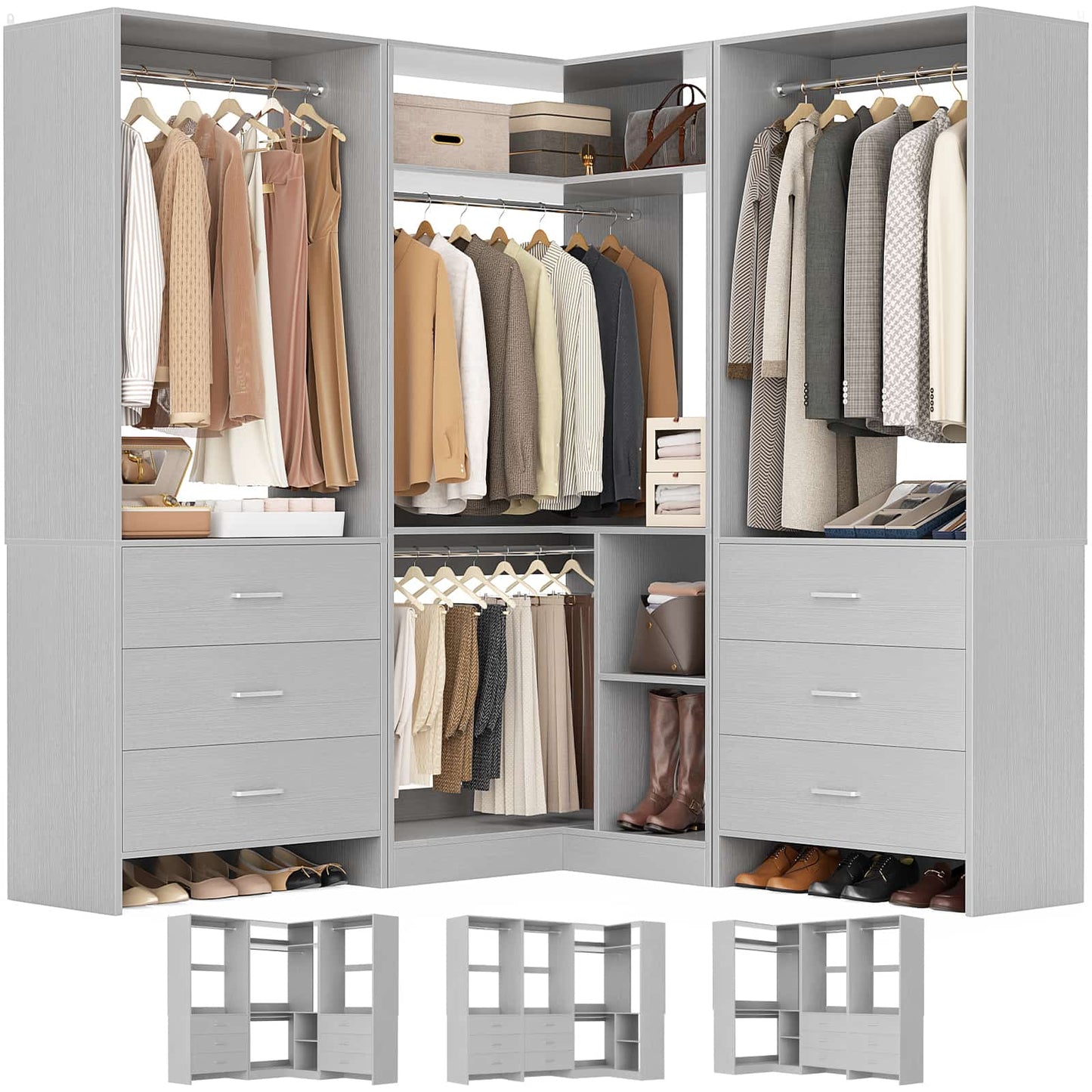 81'' Closet System with 6 Drawers, 4 Hanging Rods & Corner Tower