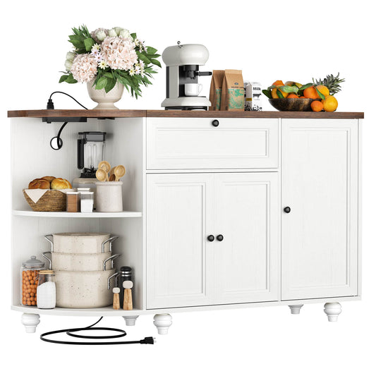 Kitchen Sideboard Cabinet Buffet Table with Power Outlets, 55"Coffee Bar Cabinet with Drawer, Wine Rack/Shelves