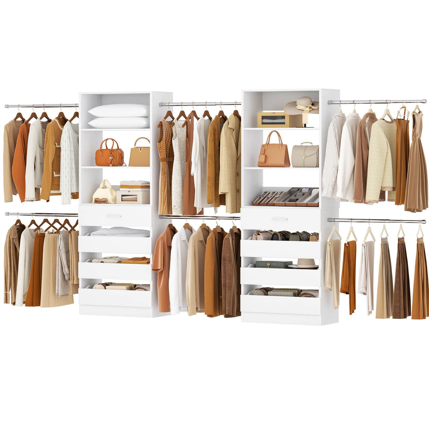 2-Pack Closet Organizer System: Dual 4-9Ft Adjustable Wardrobe Racks with 8 Wooden Drawers, Double Tower Storage, 8 Hanging Rods & Garment Racks ﻿