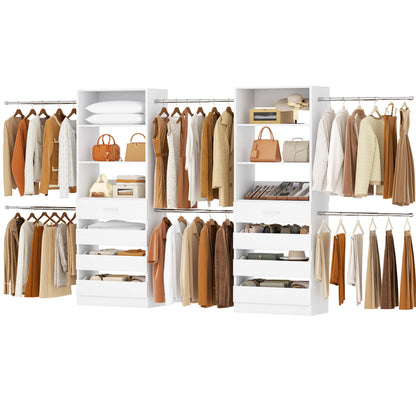 2-Pack Closet Organizer System: Dual 4-9Ft Adjustable Wardrobe Racks with 8 Wooden Drawers, Double Tower Storage, 8 Hanging Rods & Garment Racks ﻿