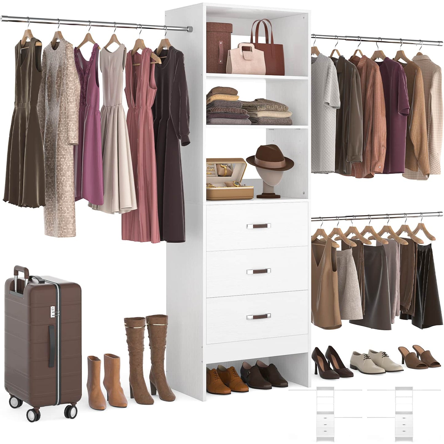 Adjustable 5-8FT Wall-Mounted Closet Organizer System with 3 Hanging Rods & 3 Wood Drawers
