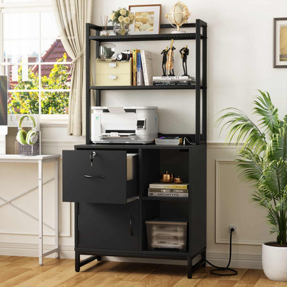 Vertical Filing Cabinet with Lock & Charging Station, Large Drawer Wood File Cabinet with Bookshelf, Printer Stand with Open Storage Shelf