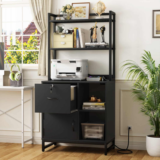 Vertical Filing Cabinet with Lock & Charging Station, Large Drawer Wood File Cabinet with Bookshelf, Printer Stand with Open Storage Shelf