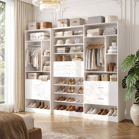 3-Piece Closet and Shoe Storage Set - 10-Tier Shoe Cabinet with 2 Drawers + 2 x 24" Freestanding Closet Organizers with Drawers & Hanging Rods