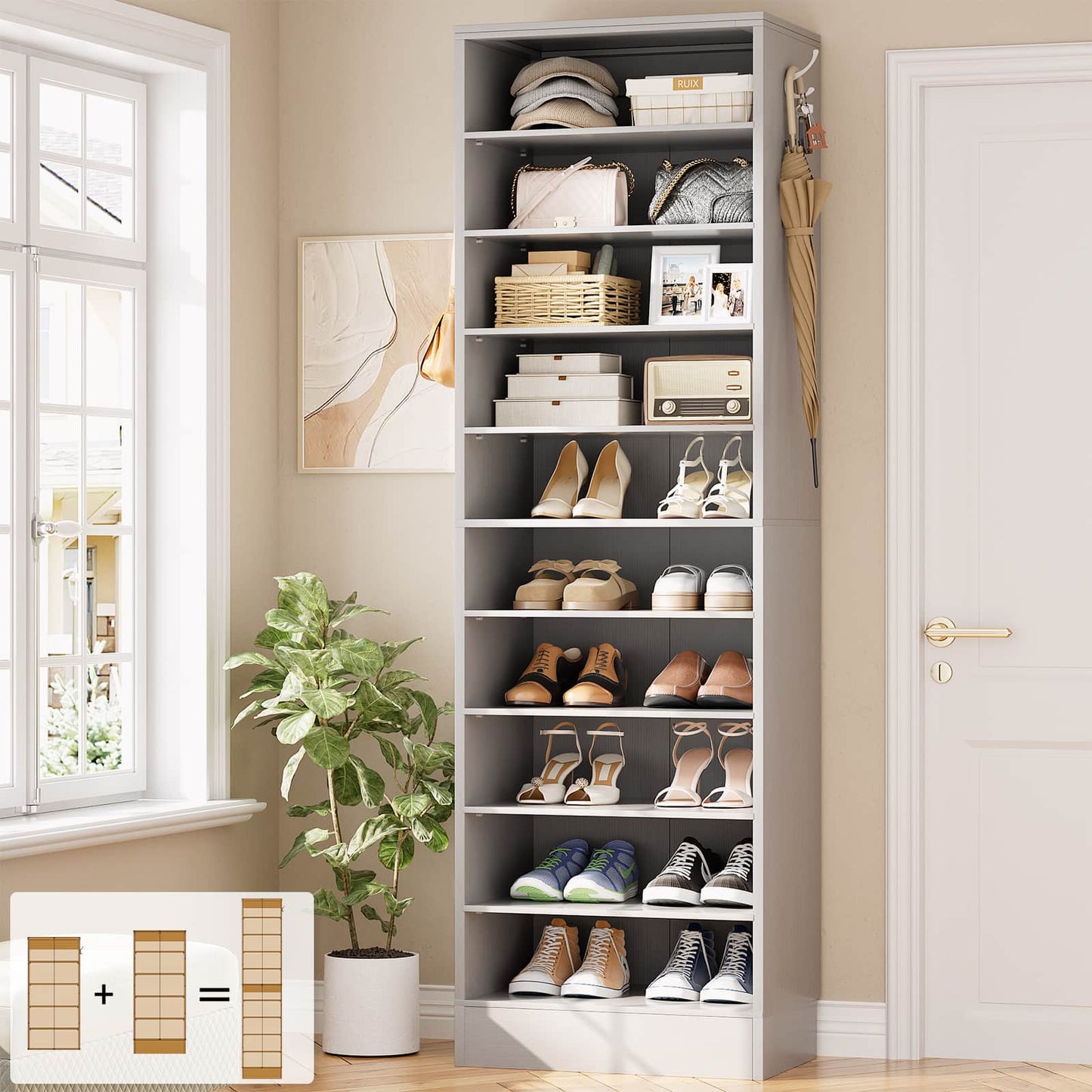 Tall Shoe Cabinet, 10 Tiers Narrow Wood Shoe Rack