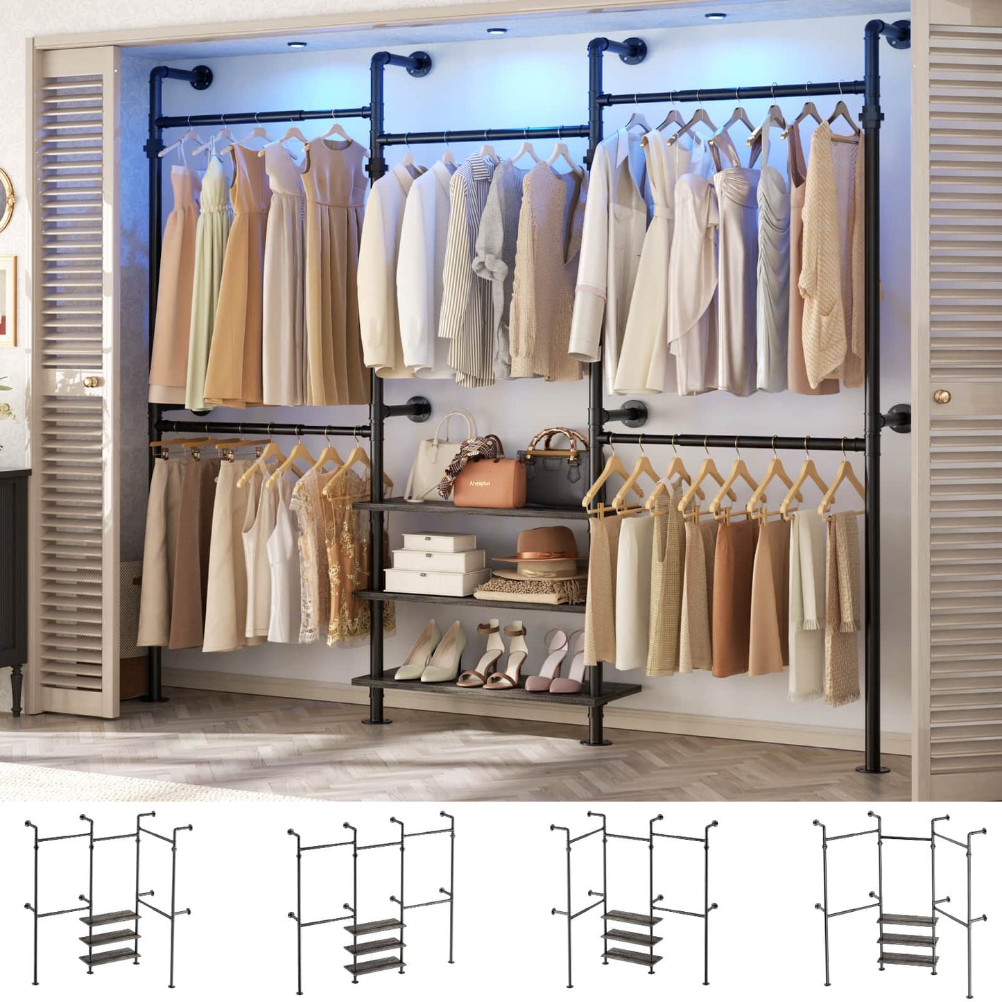 84"-128" Adjustable Metal Pipe Clothing Rack Wall-Mounted,Industrial Garment Rack with 3-Tier Wooden Shelves,Heavy-Duty 1000LBS Capacity