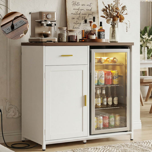 Coffee Bar Cabinet with Mini Fridge Space, Power Outlet, Drawer Storage and Wine Glass Holder - Versatile Liquor Wine Cabinet