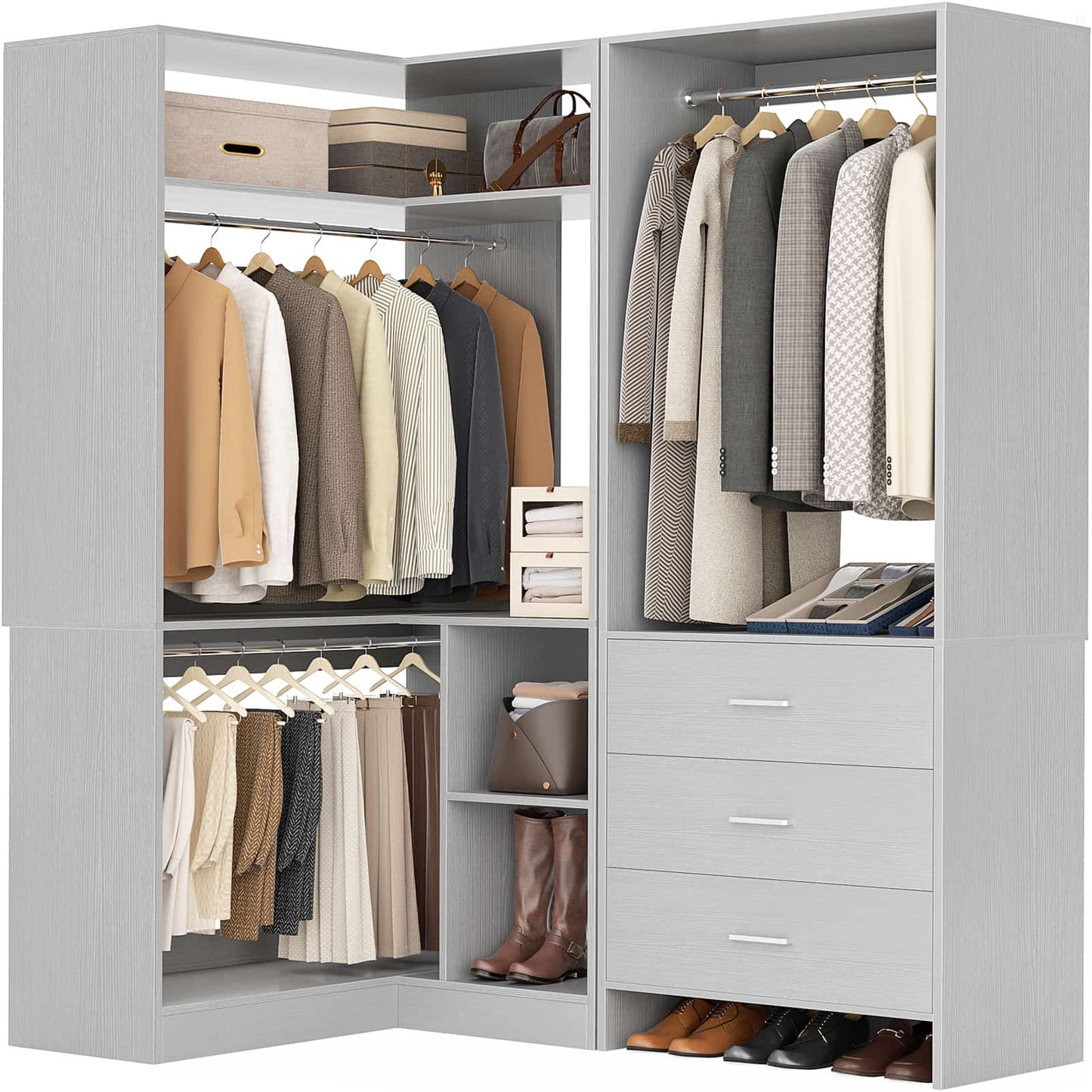 Closet System with 3 Drawers, 2 Hanging Rods & Corner Tower