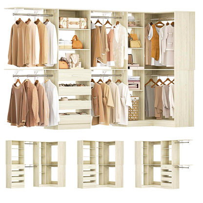 96"-128" 2-Piece Freestanding Closet System, Corner Wardrobe Organizer with Drawers & Shelves for Bedroom/Living Room
