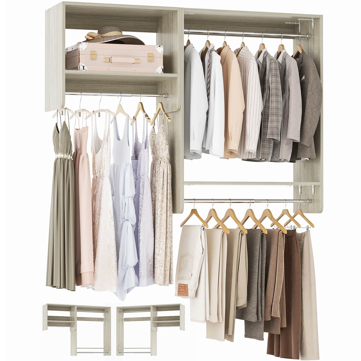 5FT Walk in Wood Clothing Rack with 3 Hanging Rods and 2 Shelves