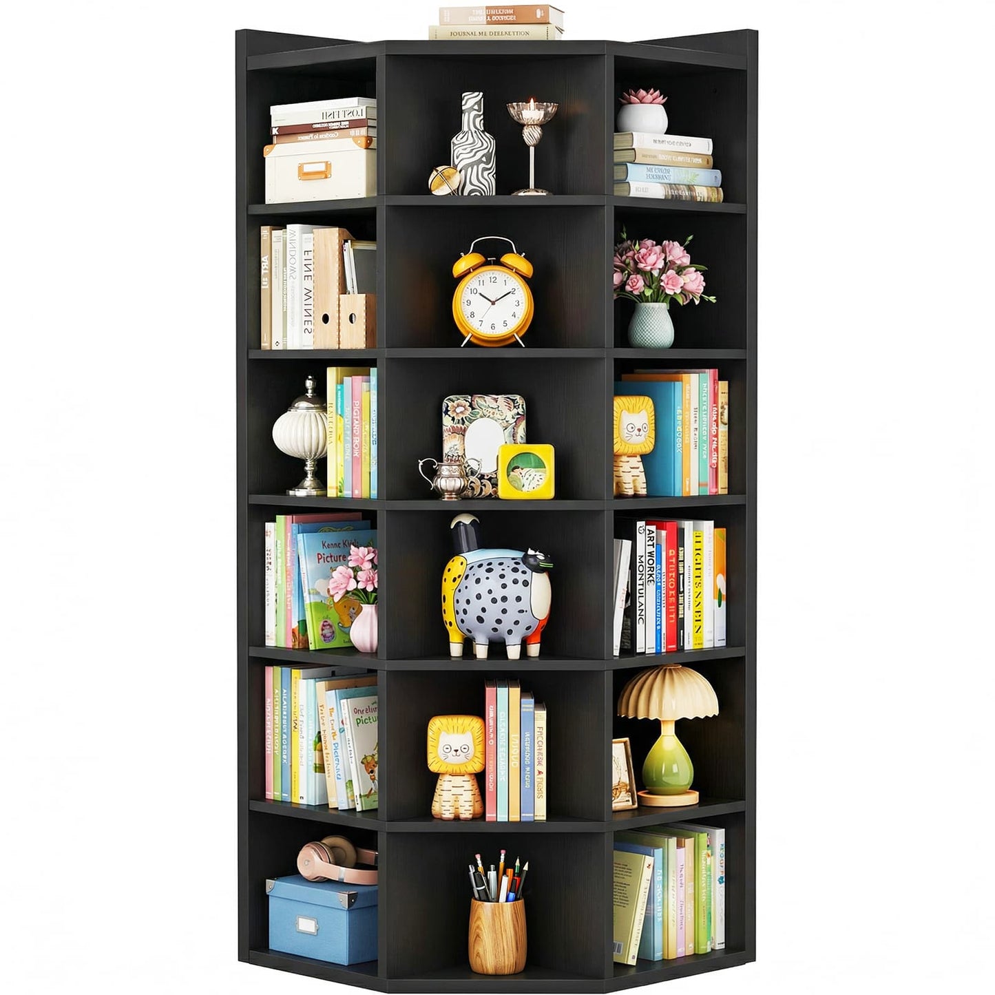 7-Tier Corner Cube Book Shelf - Wooden L-Shaped Storage Cabinet with Top Table for Small Spaces, Home Office, Bedroom, Living Room