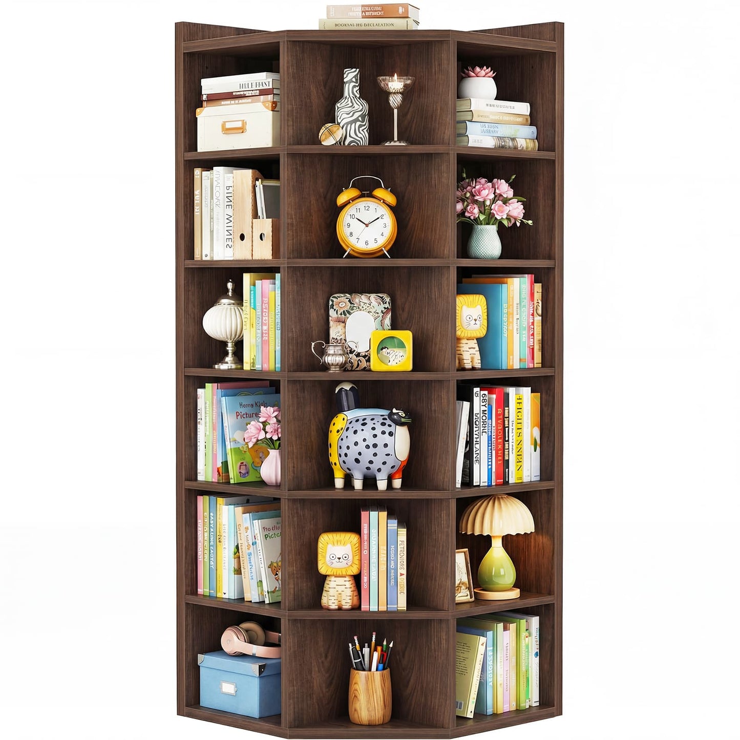 7-Tier Corner Cube Book Shelf - Wooden L-Shaped Storage Cabinet with Top Table for Small Spaces, Home Office, Bedroom, Living Room