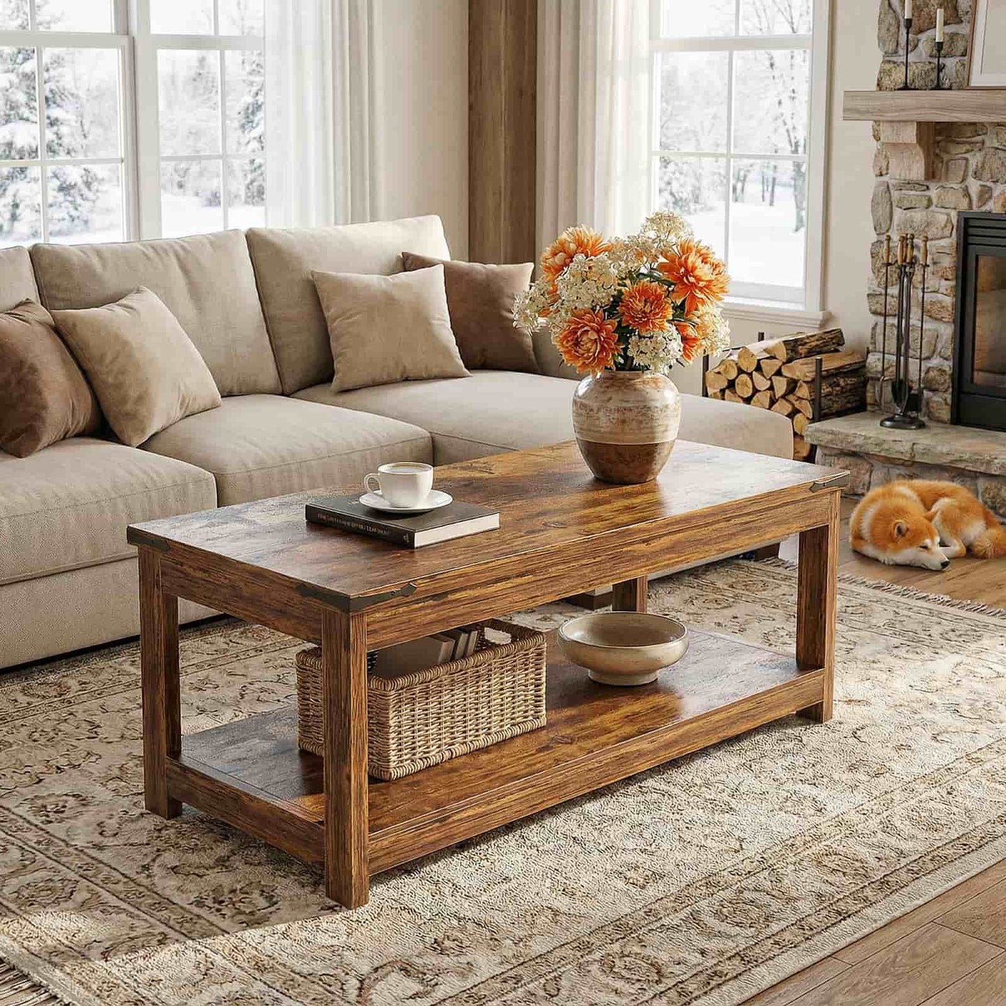 43.3” Farmhouse Wood Coffee Table with Storage Shelf, Modern Center Table for Living Room