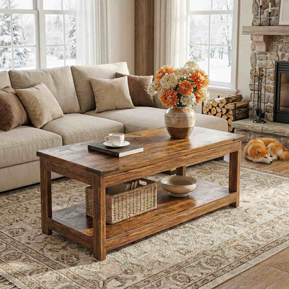 43.3” Farmhouse Wood Coffee Table with Storage Shelf, Modern Center Table for Living Room