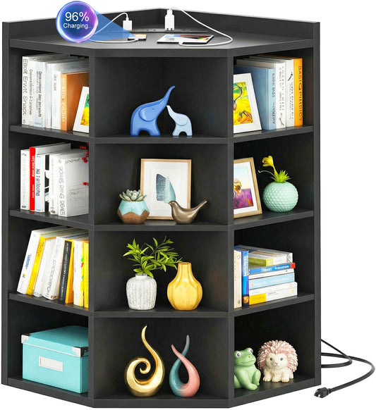 5-Tier Corner Cabinet with Power Outlets & 12 Storage Cubes - Wooden L-Shaped Bookshelf, Toy Organizer