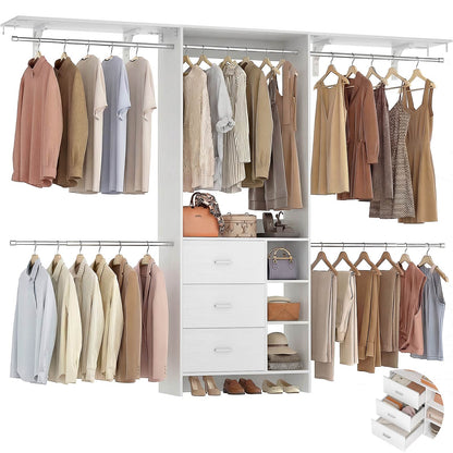 8FT Walk-in Armoire Closet Organizer with 3 Wooden Drawers & Hanging Rods, Adjustable Garment Rack for 5.3-9 ft Spaces,Wardrobe Storage Shelf