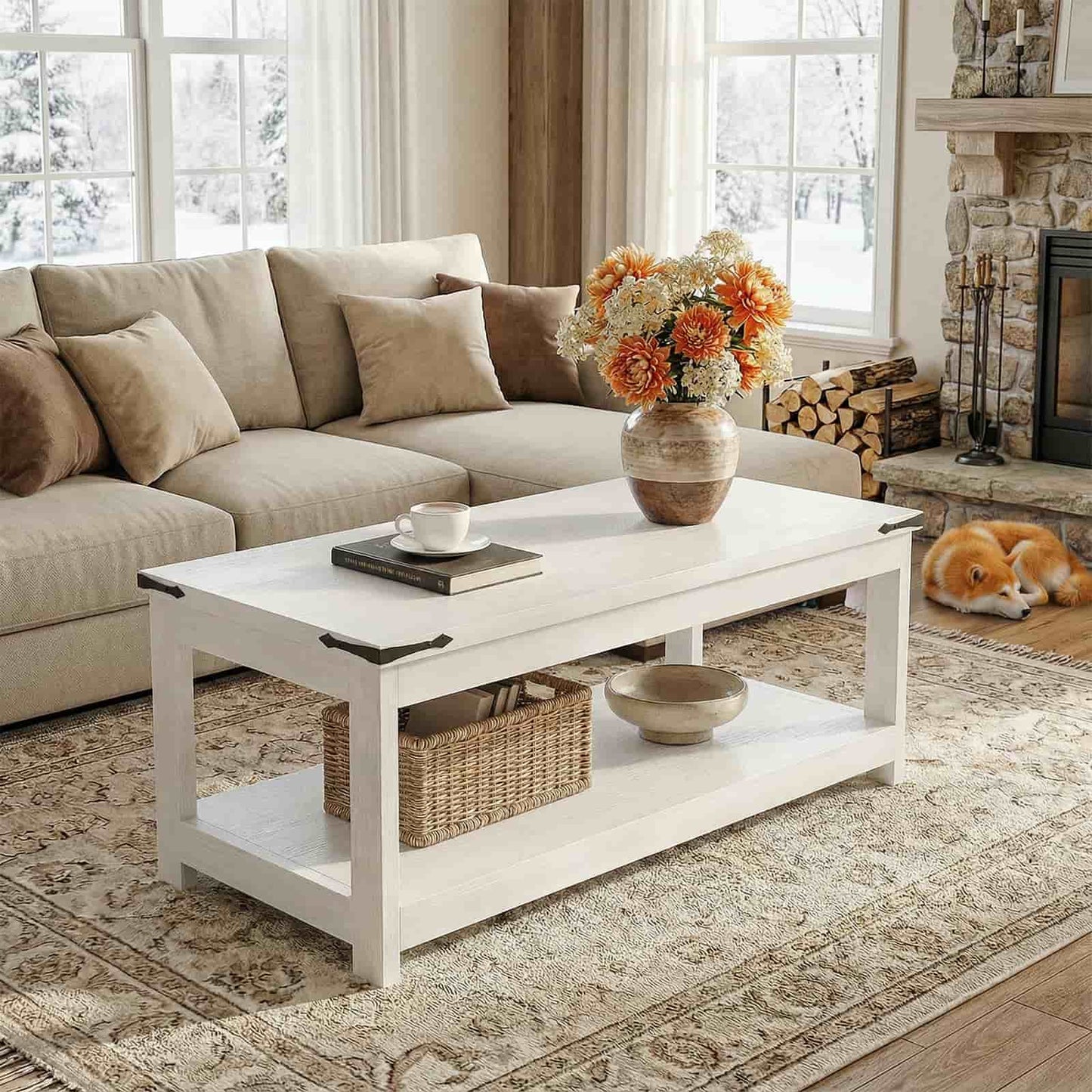 43.3” Farmhouse Wood Coffee Table with Storage Shelf, Modern Center Table for Living Room