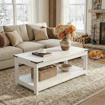 43.3” Farmhouse Wood Coffee Table with Storage Shelf, Modern Center Table for Living Room