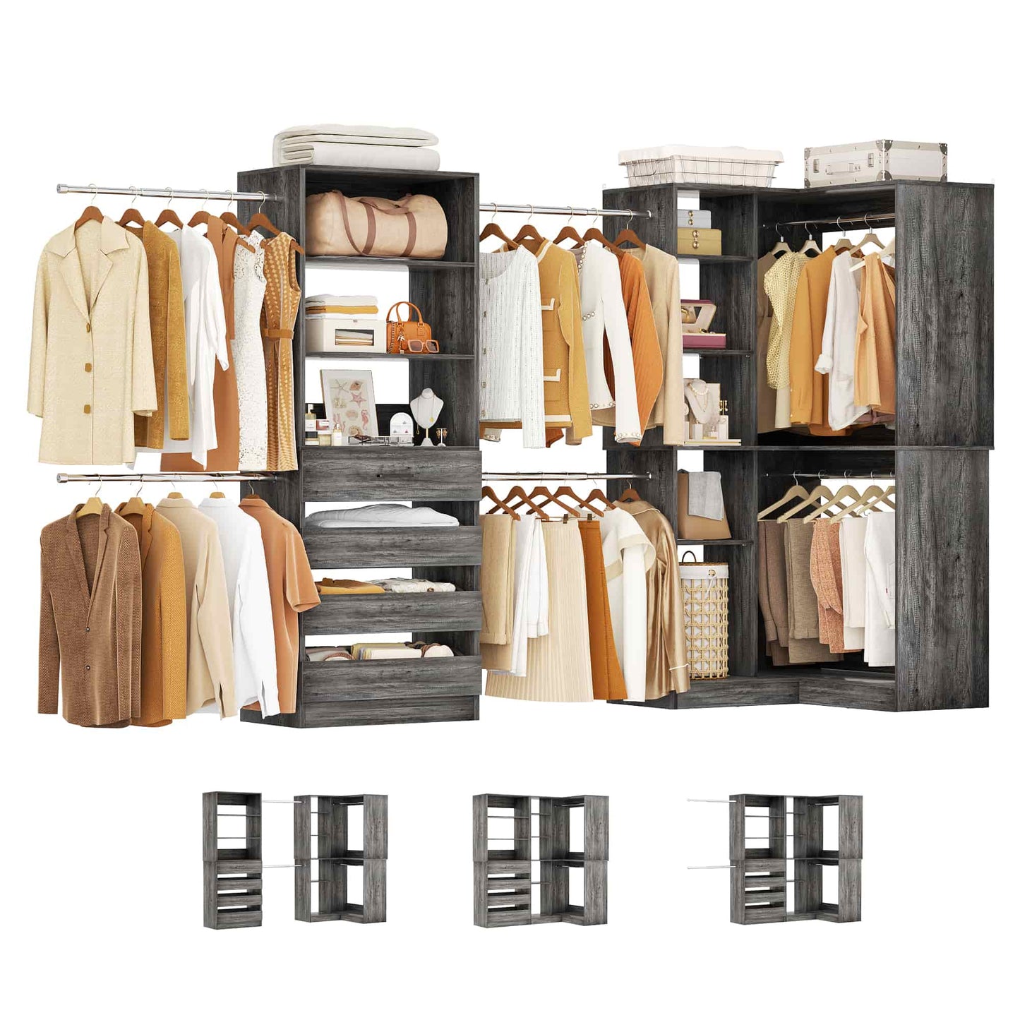 58"-152" Freestanding Closet System, Wardrobe Organizer with Drawers & Shelves, Corner Storage Unit for Bedroom/Living Room