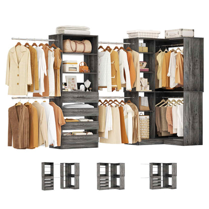 58"-152" Freestanding Closet System, Wardrobe Organizer with Drawers & Shelves, Corner Storage Unit for Bedroom/Living Room
