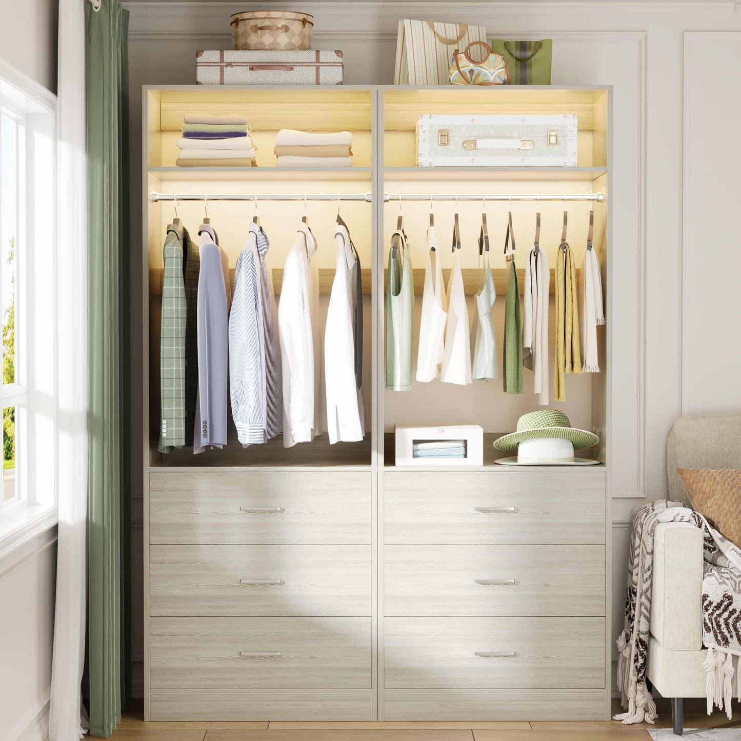 4FT (48 Inch) Closet Organizer System,Set of 2 - 6 Wood Drawers, 2 Hanging Rods & 2 Shelves