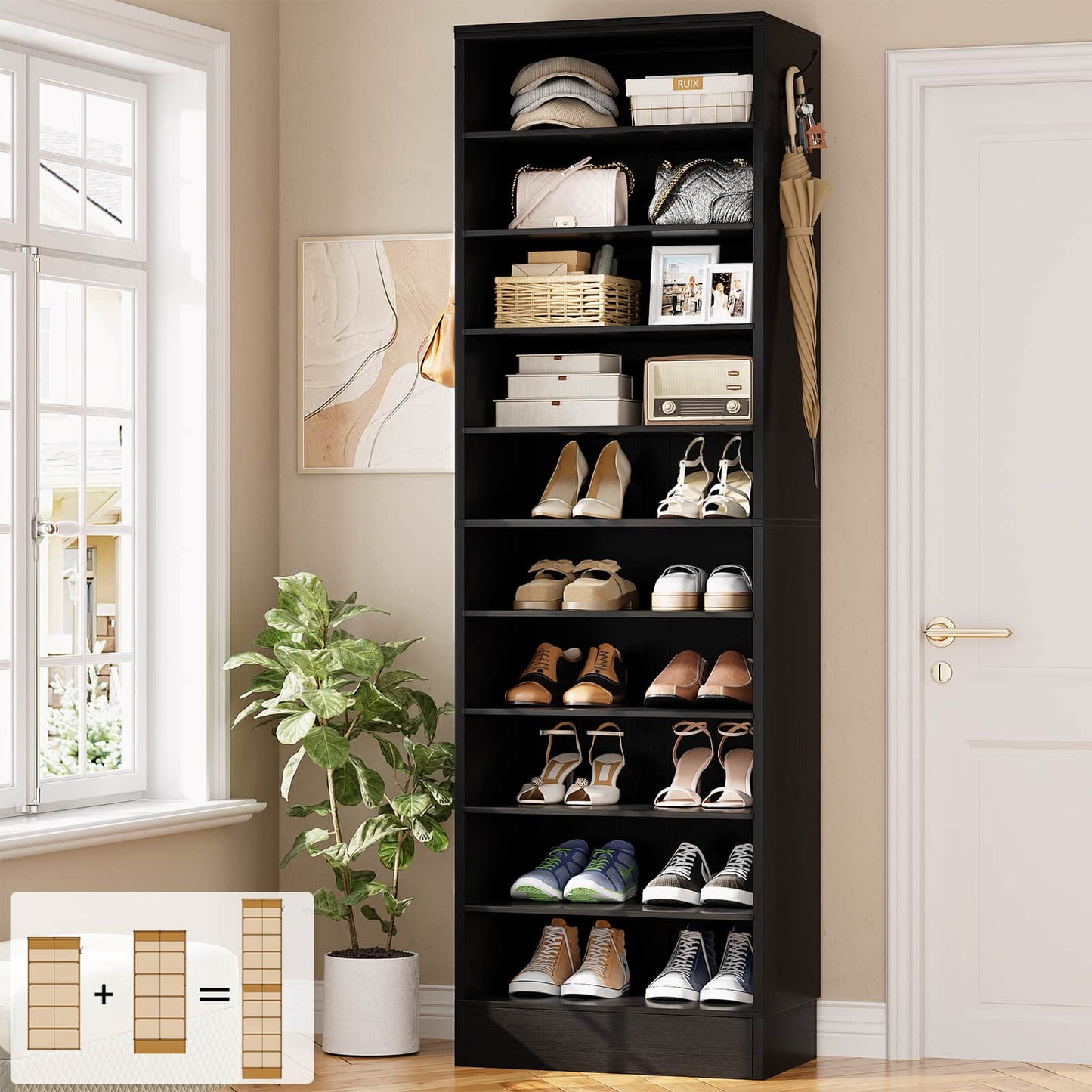 Tall Shoe Cabinet, 10 Tiers Narrow Wood Shoe Rack