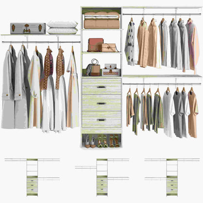 120'' W Closet System with Drawers, Closet Organizer with 3 Shelving Towers