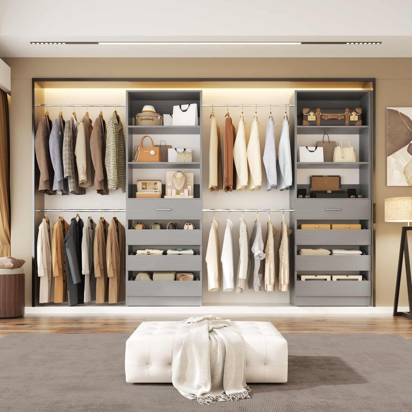 Adjustable Closet Organizer System (6-15Ft) with 8 Wooden Drawers & Modular Tower