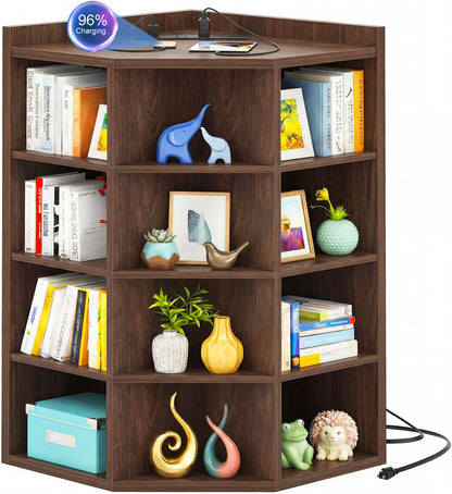 5-Tier Corner Cabinet with Power Outlets & 12 Storage Cubes - Wooden L-Shaped Bookshelf, Toy Organizer