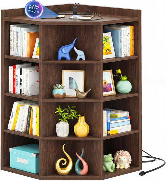 5-Tier Corner Cabinet with Power Outlets & 12 Storage Cubes - Wooden L-Shaped Bookshelf, Toy Organizer