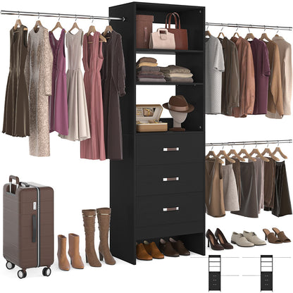 Adjustable 5-8FT Wall-Mounted Closet Organizer System with 3 Hanging Rods & 3 Wood Drawers