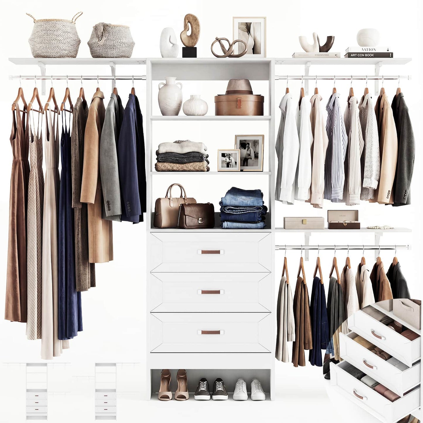 96'' W Closet Organizer System With Wooden Drawers