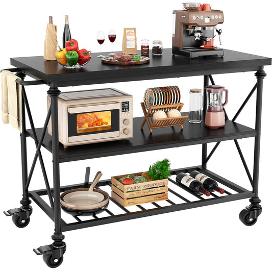 Industrial Mobile Kitchen Island Cart with Wheels: 3-Tier Storage, Lockable Casters for Kitchen, Dining & Small Spaces