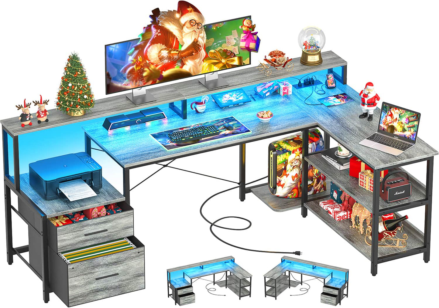 L Shaped Desk with File Drawer, 72.8" Reversible L Shaped Computer Desk with Power Outlet & LED Strip