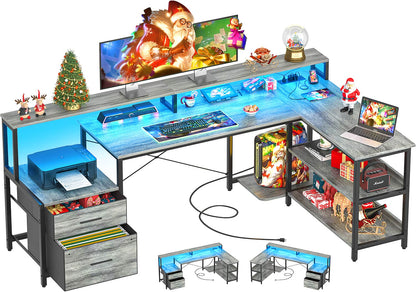 L Shaped Desk with File Drawer, 72.8" Reversible L Shaped Computer Desk with Power Outlet & LED Strip