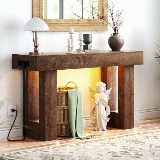 47" Console Table with Socket & Sensor Light, Narrow Entryway Table with Storage for Hallway/Living Room, Farmhouse Style