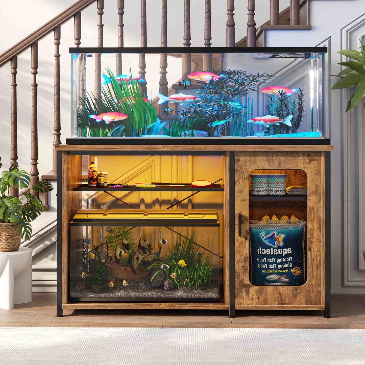 Heavy Duty 55-75 Gallon Aquarium Stand with Power Outlets, LED Light & Storage Cabinet - Reversible Metal Fish Tank Stand, 880LBS Capacity