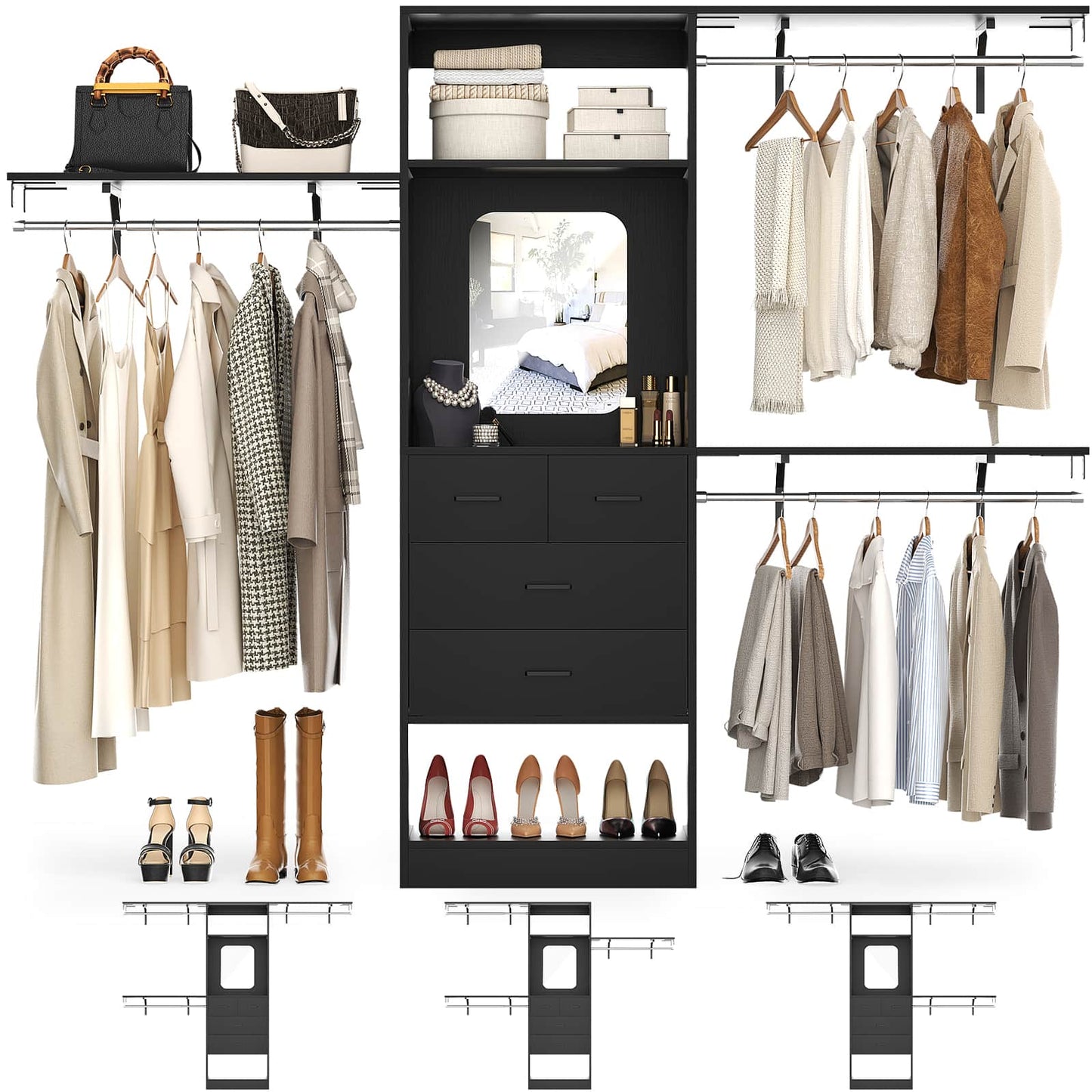 8FT Walk in Closet Organizer with 3 Hanging rods and Shelves