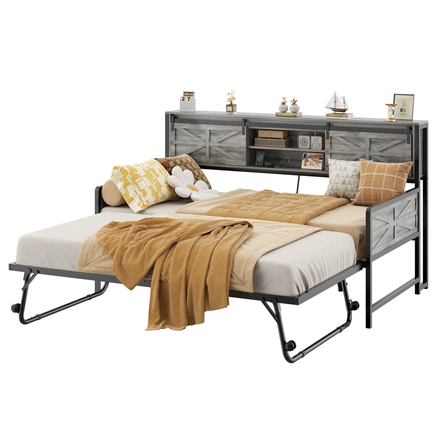 Twin Size Daybed with Trundle, Daybed with Charging Station & Storage Headboard, Heavy Duty Metal Sofa Bed Frame with Pop-up Trundle