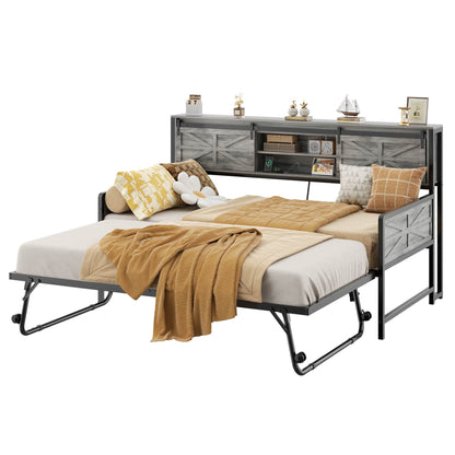 Twin Size Daybed with Trundle, Daybed with Charging Station & Storage Headboard, Heavy Duty Metal Sofa Bed Frame with Pop-up Trundle