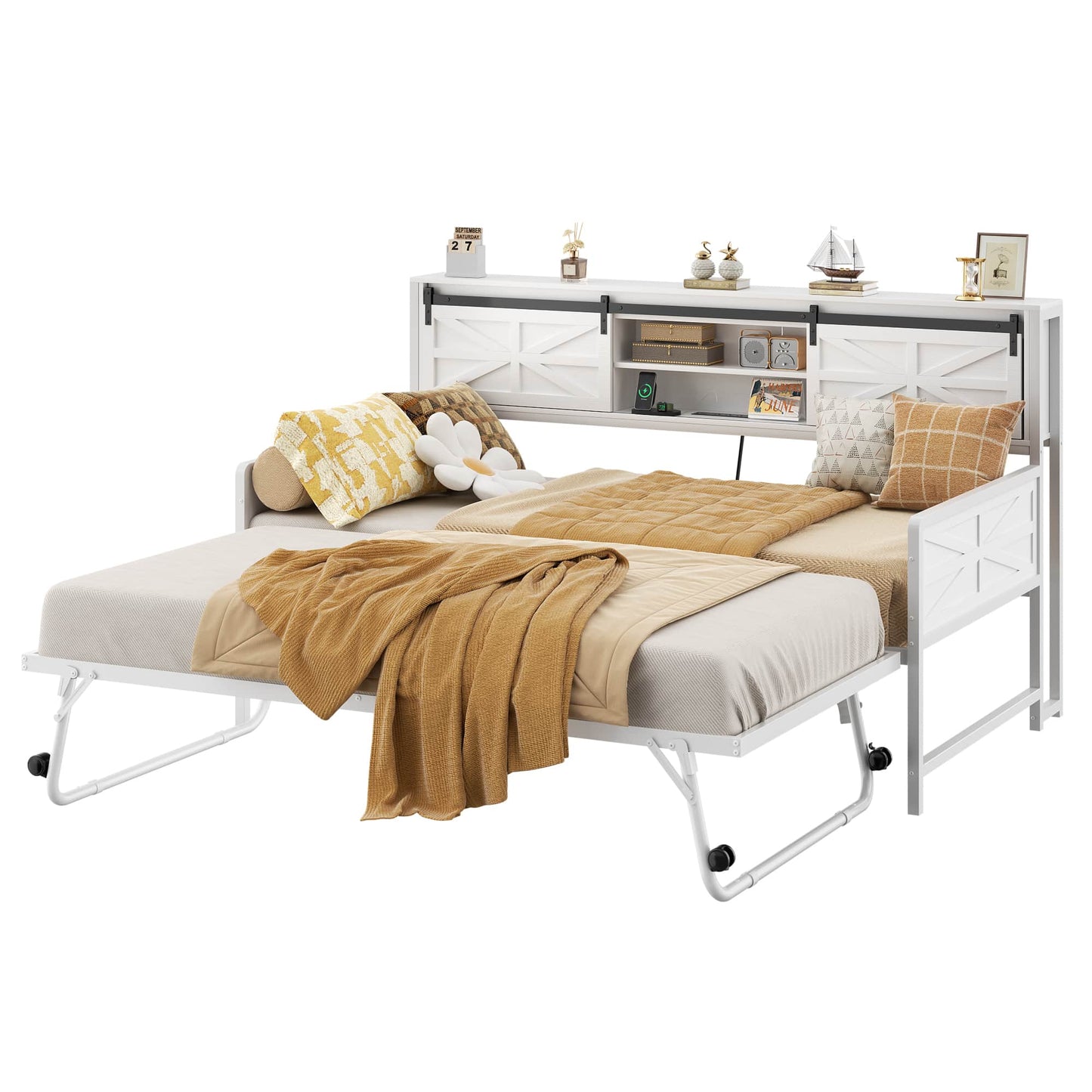 Twin Size Daybed with Trundle, Daybed with Charging Station & Storage Headboard, Heavy Duty Metal Sofa Bed Frame with Pop-up Trundle