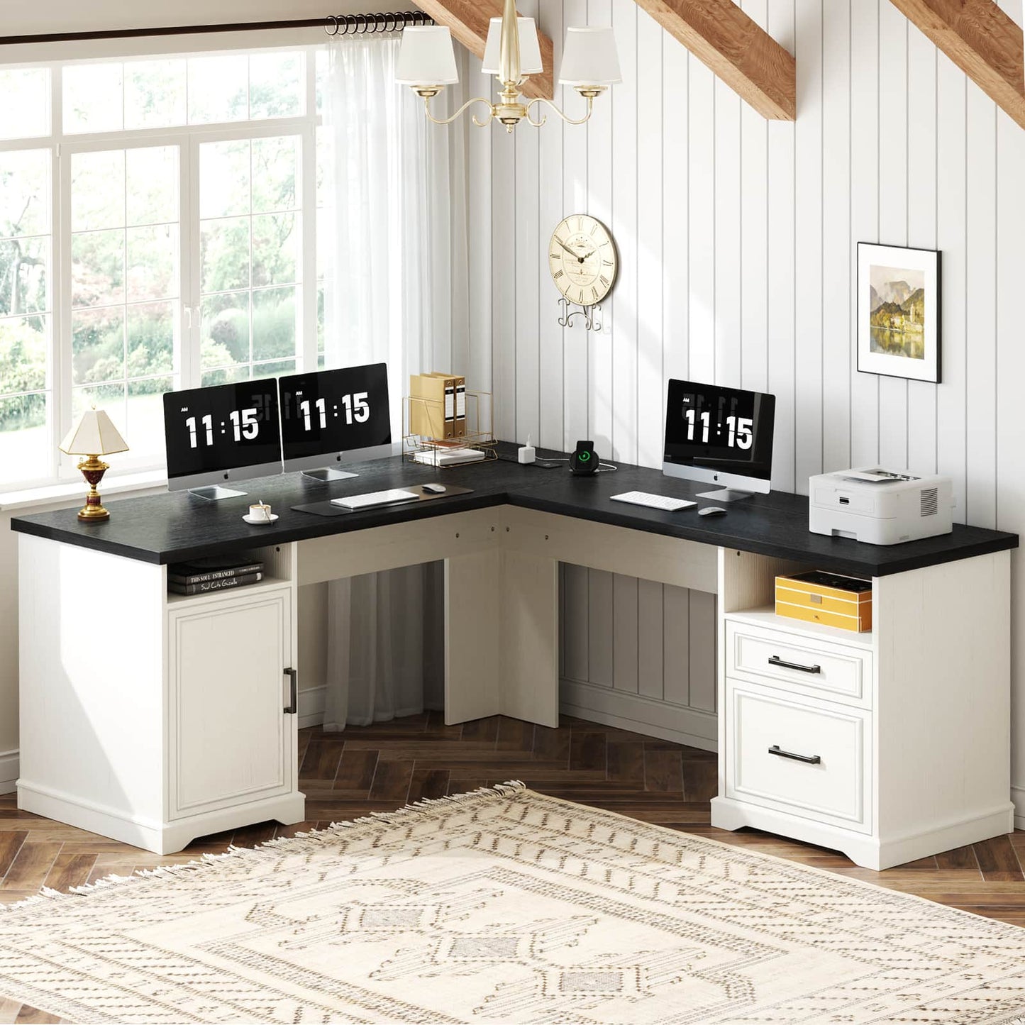 L Shaped Executive Desk with File Drawers, 60" Corner Computer Desk with Power Outlets